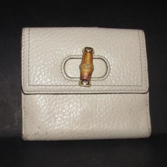 Vintage Gucci Ivory Pebbled Bi-fold Bamboo Accent - Picture 1 of 12
